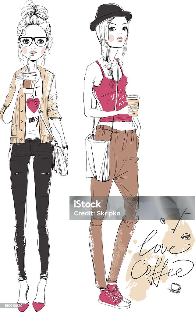 Pencil drawing of two fashionable girls drinking coffee fashion girls Coffee - Drink stock vector