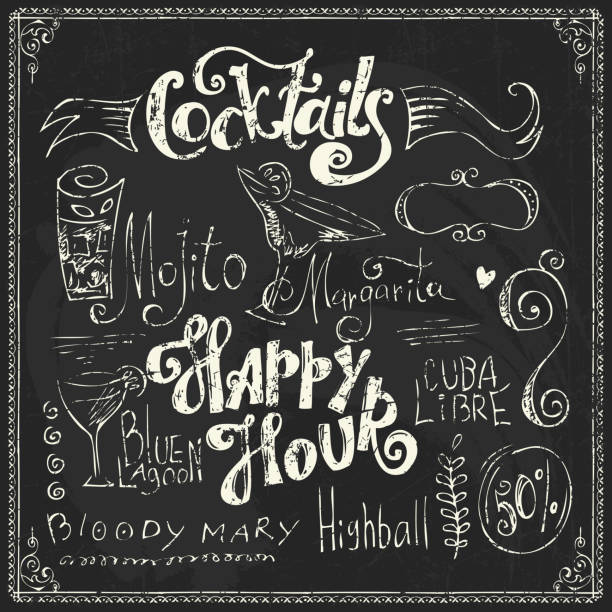 ilustrações de stock, clip art, desenhos animados e ícones de giz lettering. cocktails rabiscos - vector alcohol cocktail highball glass