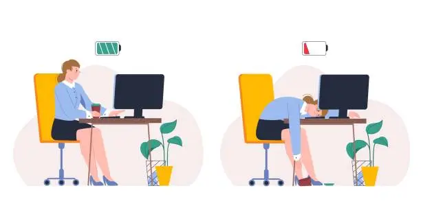 Vector illustration of Office manager burned on work. Exhausted and rested worker at computer. Woman at work, corporate professional flat splendid vector character