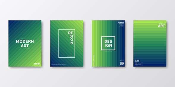 Set of four vertical brochure templates with modern and trendy backgrounds, isolated on blank background. Abstract illustrations with a beautiful color gradient decomposed into several vertical color lines (colors used: Yellow, Green, Blue). Can be used for different designs, such as brochure, cover design, magazine, business annual report, flyer, leaflet, presentations... Template for your own design, with space for your text. The layers are named to facilitate your customization. Vector Illustration (EPS file, well layered and grouped). Easy to edit, manipulate, resize or colorize. Vector and Jpeg file of different sizes.