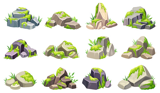 Moss on stones. Swamp green lichen rocks, wild forest mosses structure at rock piece stone rubble nature geology material, game lichens assets cartoon neoteric vector illustration of swamp marsh