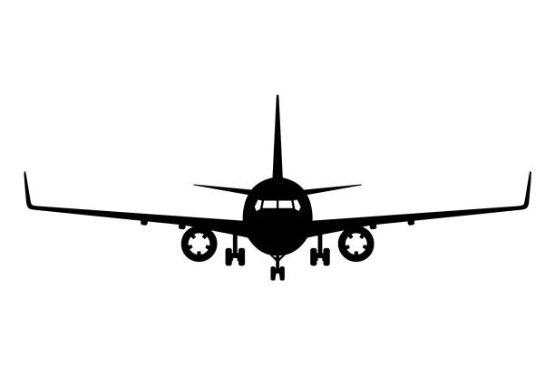 bildbanksillustrationer, clip art samt tecknat material och ikoner med passenger plane front view black silhouette - framifrån