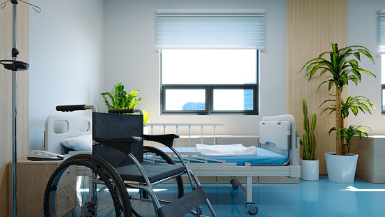 an inpatient room with a wheelchair next to the bed,3d rendering