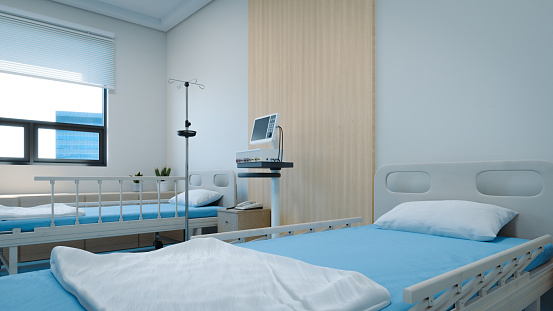 a hospital bed in a multi-person hospital room, 3d rendering