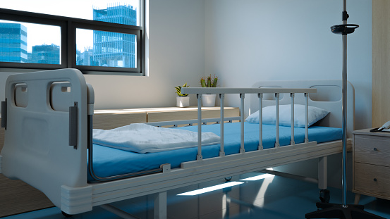 a hospital bed by the window of a hospital, 3d rendering