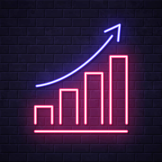 Growing graph. Glowing neon icon on brick wall background Icon of "Growing graph" in a realistic neon sign style. The icon is created with pink and purple/blue glowing neon lights on a dark brick wall. Modern and trendy illustration with beautiful bright colors. Vector Illustration (EPS file, well layered and grouped). Easy to edit, manipulate, resize or colorize. Vector and Jpeg file of different sizes. purple bar graph stock illustrations