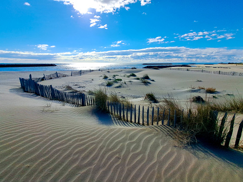 Wild, public beach of Punta Sabbioni, bordered by the typical sand dunes. Punta Sabbioni is part of Cavallino-Treporti in the municipality of Venice.