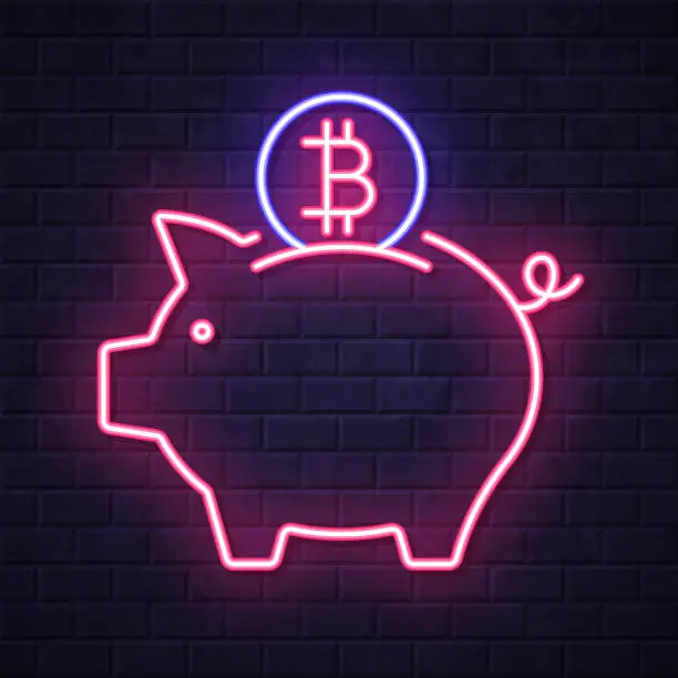 Vector illustration of Piggy bank with Bitcoin coin. Glowing neon icon on brick wall background