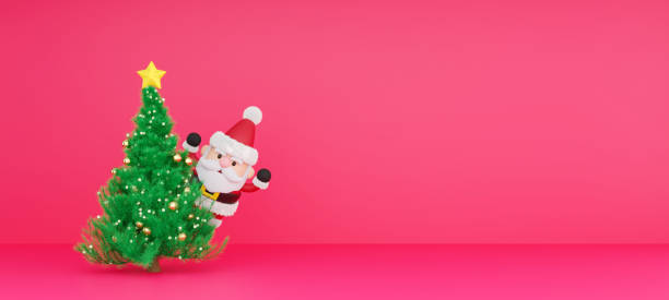 istock 3D Render Santa hiding behind the Christmas tree. Christmas banner design 1809146156