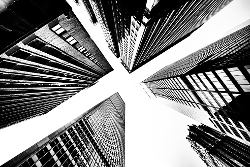 Skyscrapers from below in New York City,Black and White