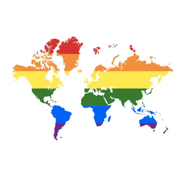 Vector illustration of World map with LGBT+ community flag colors
