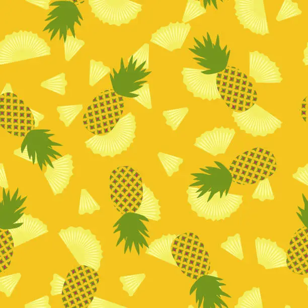 Vector illustration of Vector botanical seamless pattern with tropical fruits. Exotic pineapples, ananas on yellow background