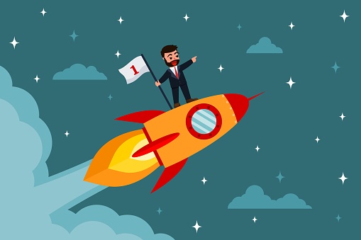 Happy businessman holding the number one flag standing on a rocket ship flying in the starry sky heading towards success. Business startup concept. Aiming for big goals. Vector illustration