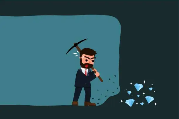 Vector illustration of Businessmen eagerly use shovels to dig caves in search of diamonds. Ambitious and challenging to succeed in business. Career development and motivation to achieve great goals concept.