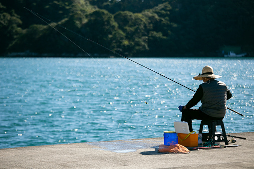 Nachikatsuura, Japan; 1st October 2023: Locals fishing at Nachikatsuura Port during a sunny day.