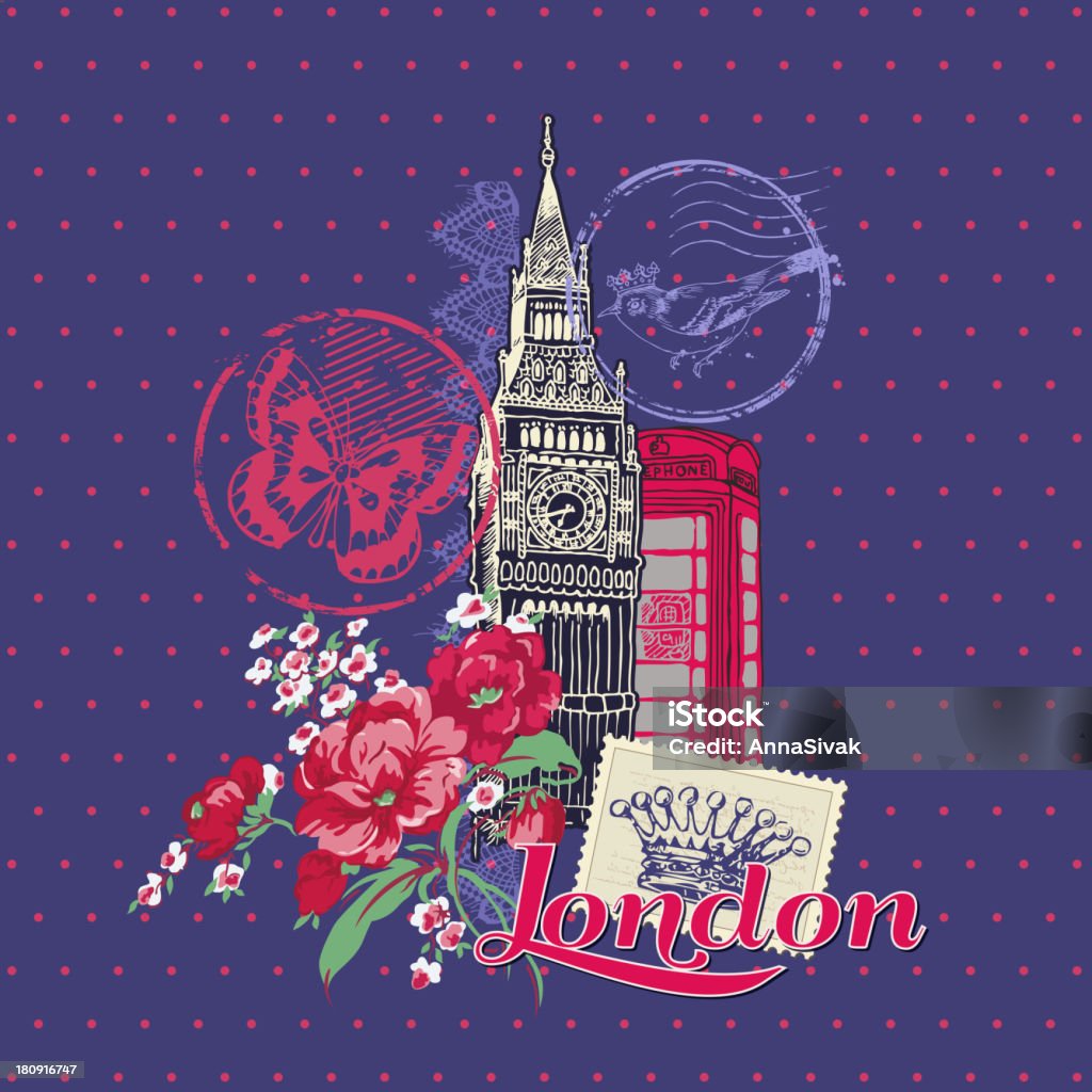 Londres cartão Vintage com selos - Royalty-free Amor arte vetorial