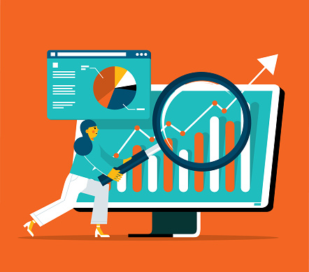 Analyze data with a magnifying glass in front of the computer screen stock illustration