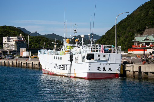 Nachikatsuura, Japan; 1st October 2023: Japanese fishing boats at Katsuura Harbor in Wakayama.