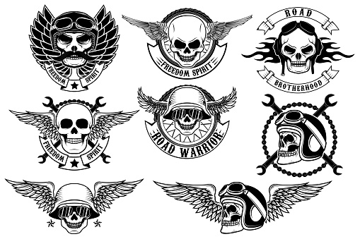 Set of motorcycle club labels templates. Skulls in motorcycle helmets with wings. Design elements for logo, label, emblem, sign, badge. Vector illustrations. Set of Vintage motorcycle and biker t-shirt prints, emblems, labels, badges. Vector design elements.