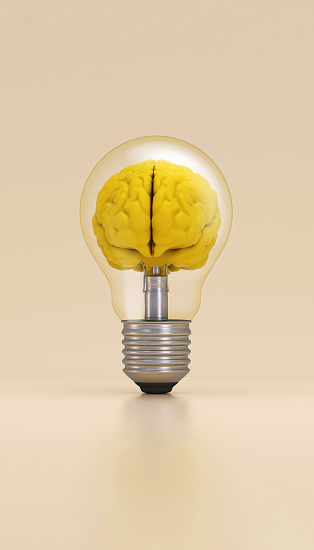 Light bulb with a brain inside illuminated on yellow background. Innovation concept. 3D rendering.