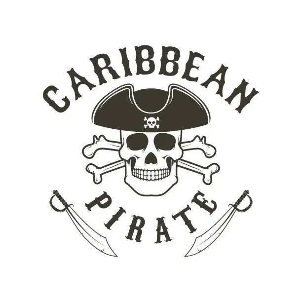 Vector illustration of Caribbean pirate.  Pirate skull in admiral headdress and swords. Design element for label, emblem, sign. Vector illustration.