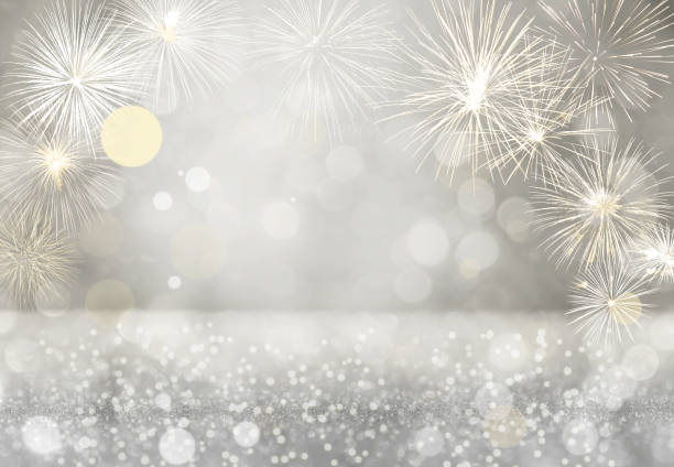 istock Fireworks with bokeh lights on grey background with copy space for text. Happy New Year holidays background 1809206285