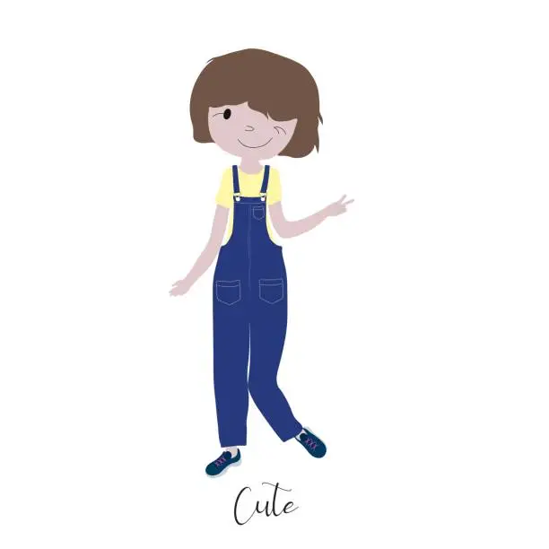 Vector illustration of Girl in overall with cute expression and winkle eye colored illustration