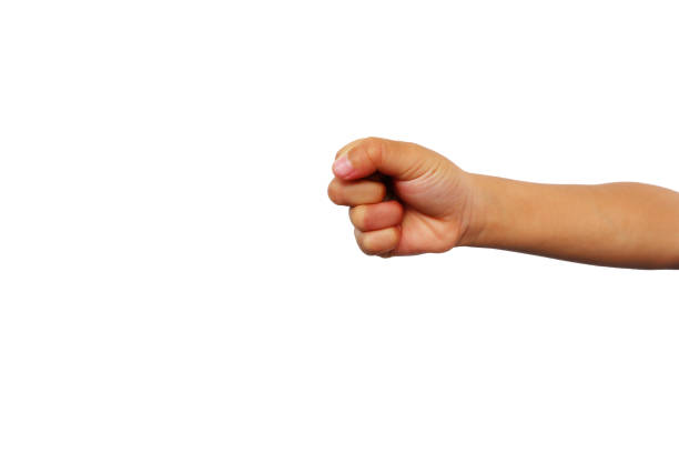 Boy's hand showing punching or hitting something on a white background.