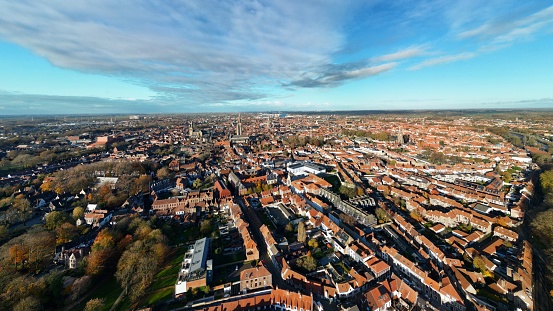 An aerial view of The City of Brugge from the sky.