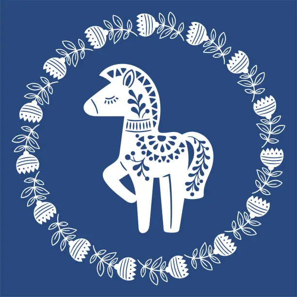 Vector illustration of Vector hand drawn illustration of animals in Nordic style hygge. Horse in floral wreath in Folk Scandinavian style