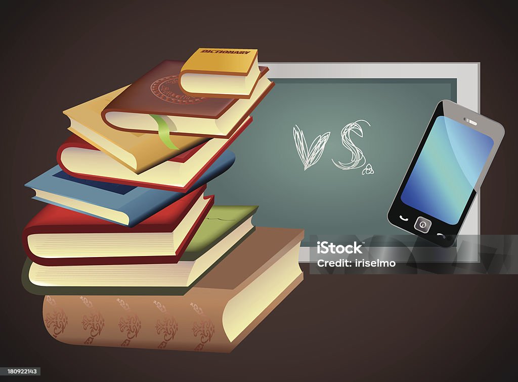 books vs. smart phone vector illustration of books and a  smart phone with the school desk background Digital Tablet stock vector
