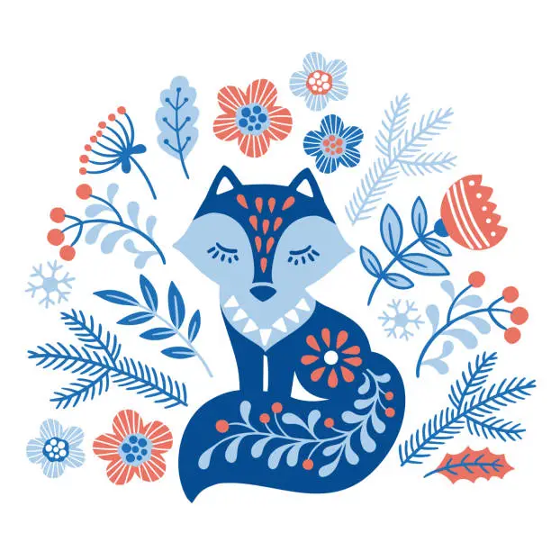 Vector illustration of Vector hand drawn illustration of animals in Nordic style lagom. Silhouette of fox among flowers in Folk Scandinavian style