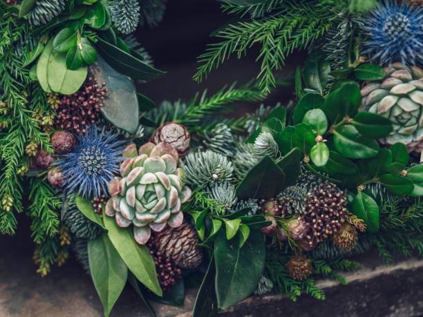 Elegant wreath made with fresh green foliage and succulent plants