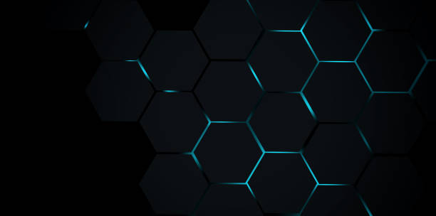 istock Dark gray and blue horizontal hexagonal technology abstract background. Blue bright energy flashes under hexagon in futuristic modern technology wide banner 1809228684