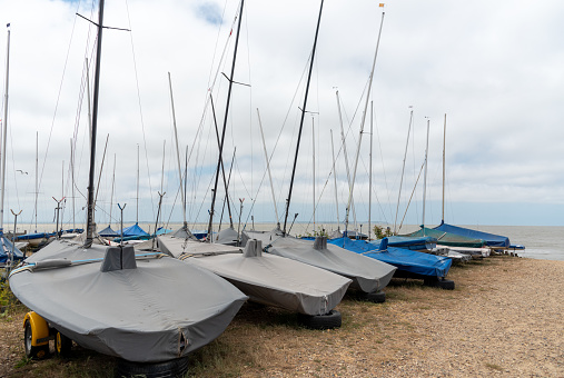 Sailing club yachts moored in the coast. Water sport boats outdoor.