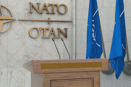 NATO OTAN Concept with NATO Flag in a Row with a Empty Wooden Wall. Press Conference in Government Building. 3D Render