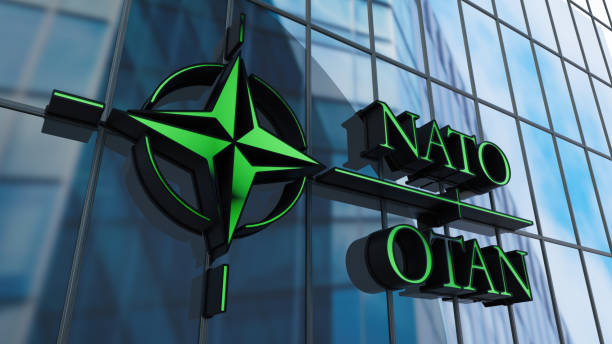 NATO OTAN Sign on Building's Window NATO OTAN Sign on Building's Window. 3D Render nato stock pictures, royalty-free photos & images