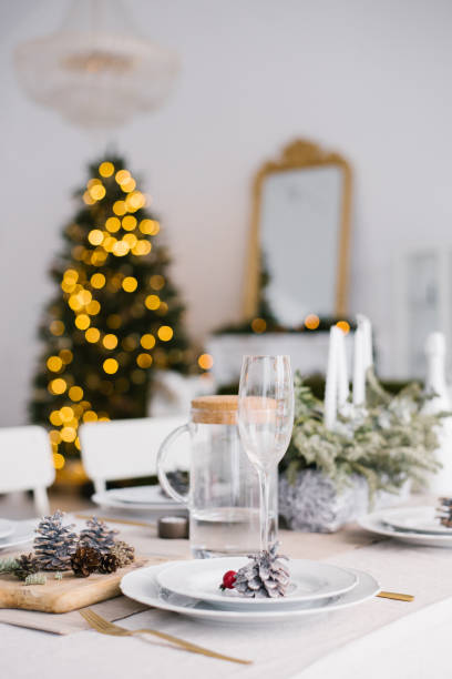 istock Table served for Christmas dinner in living room, close up view 1809242527