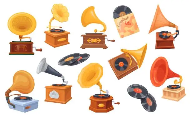 Vector illustration of Cartoon gramophone. Old turntable with gold horn, antique phonograph retro disk player home music speakers, vintage amplifier record musical instrument, neat vector illustration