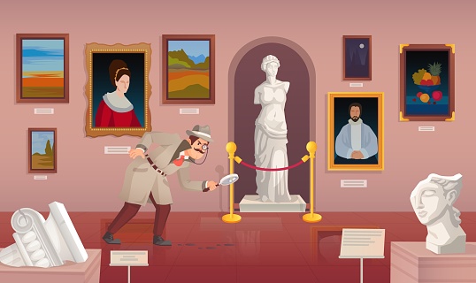 Cartoon detective investigation. Sherlock in museum art gallery, investigator magnifying tracking footprint investigator sleuth find evidence mystery crime, vector illustration of detective or police