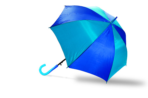 Stripe umbrellas Blue and cyan color with handle, isolated with clipping path selection on white background. Object or Rainy season concept.