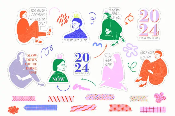 Vector illustration of Collection of stickers with woman and inspiration quotes, washi tape and doodles