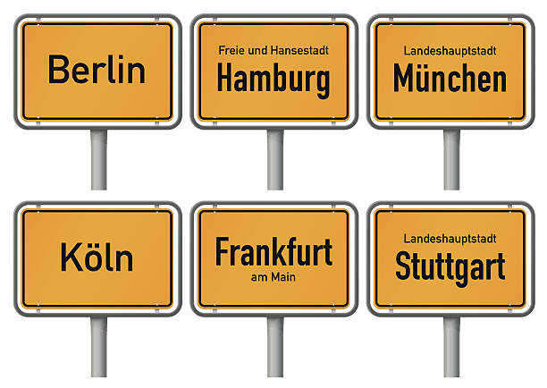 City limits signs of major german cities, Part 1 Vector illustration of city limits signs of six big cities in Germany - Berlin, Hamburg, Munich, Cologne, Frankfurt and Stuttgart - with realistic shading and official typeface and proportions. stuttgart germany pics stock illustrations