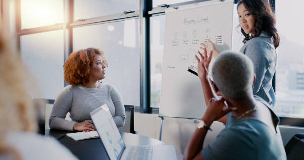 istock Business people meeting, explain or speaker presentation, mentor speech or leader sales strategy. Question, communication workshop or Asian woman coaching, teaching or training startup diversity team 1809276849