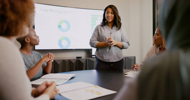 istock Business woman, meeting and presentation on screen for management, workshop or data analysis. Female manager coaching office team in conference of strategy, analytics feedback or collaboration review 1809277914