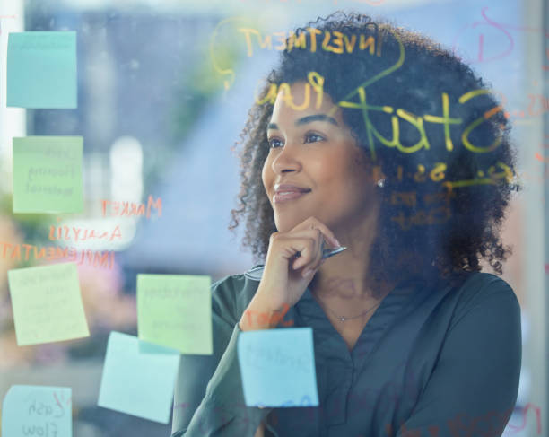 istock Black woman, business and brainstorming, board and postit notes with ideas for project, planning and strategy for marketing or investment firm. Thinking, professional and vision, innovation and plan 1809280786