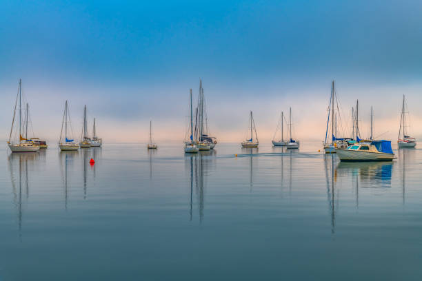 istock Fog, sunrise and boats on the bay 1809282958