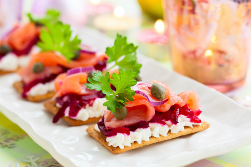 Holiday appetizer with salmon and beetroot