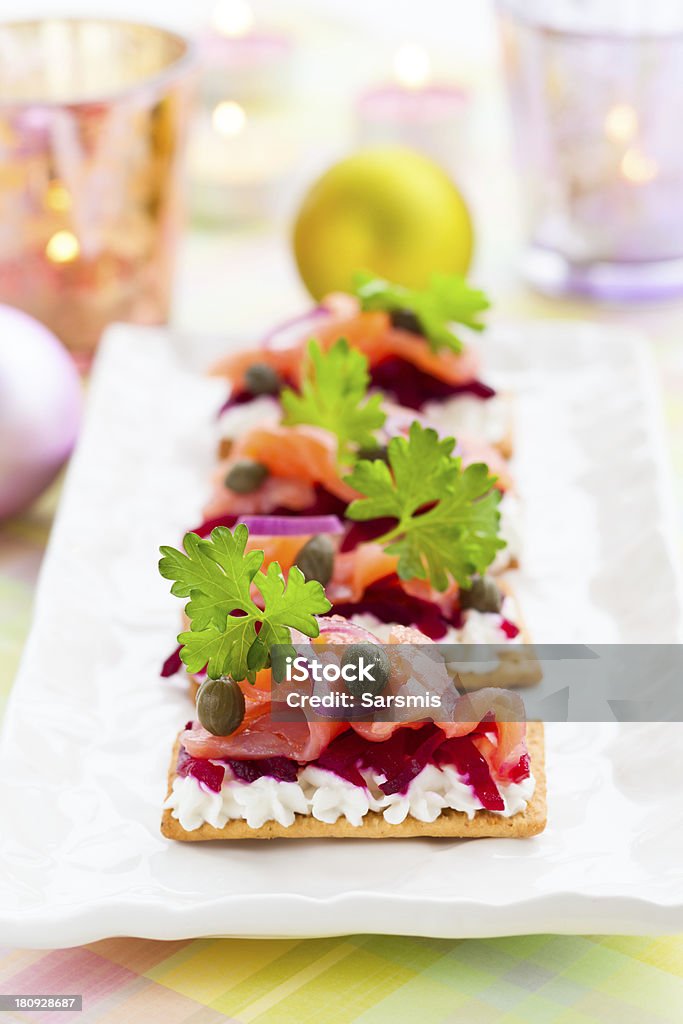 Holiday appetizer Holiday appetizer with salmon and beetroot Appetizer Stock Photo