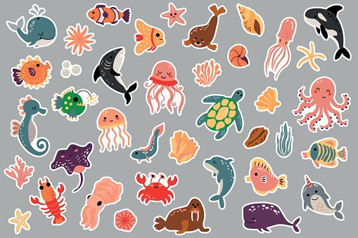 A set of stickers with sea creatures. Undersea world.